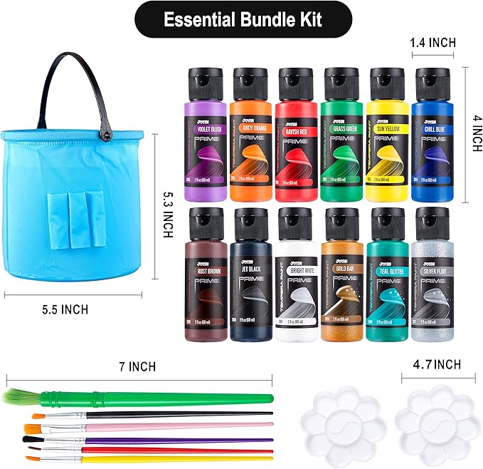 JOYIN 12PCS Washable Kids Tempera Paint Set (2 oz Each), Liquid Poster Paint with 6 Brushes, 2 Palette & 1 Paint Brush Clean Bucket, Non-Toxic Kids Paint for Finger Painting, Hobby Painters