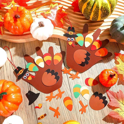 ShinyRelief 24 Sets Thanksgiving Craft Kit Fall Handprint Turkey Making Kit Hanging Art and Craft 5.9 Inch for Thanksgiving Party Game