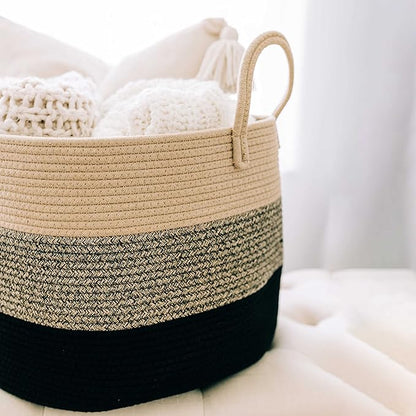 OrganiHaus Large Woven Storage Basket for Blankets and Toys 20" x 13" Inch, Rope Laundry Basket with Handles, Cushions & Pillows Storage Bin, Nursery Hamper, Soft Round Dog Toy Bin - Brown/Black