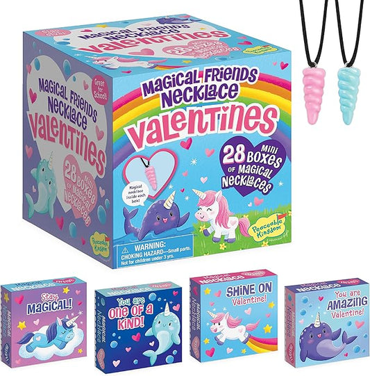 Peaceable Kingdom Valentines Cards for Kids Classroom, Set of 28 Valentines Day Gifts - Magical Friends Unicorn and Narwhal Horn Necklaces