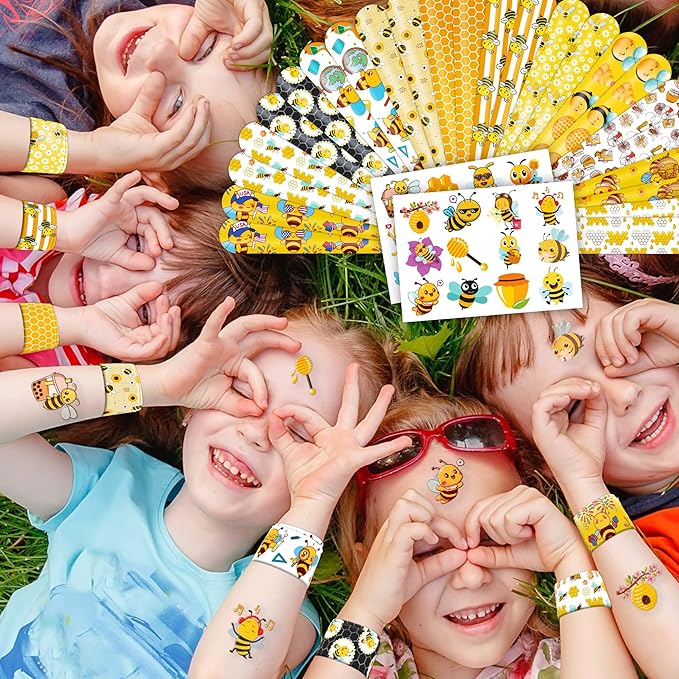 48PCS Bee Party Favors - 24PCS Tattoos & 24PCS Slap Bracelets - Honey Bee Birthday Supplies, Baby Shower Decorations, Classroom Prizes, Gifts for Girls & Kids