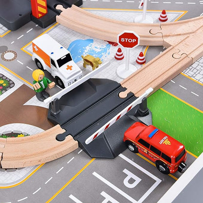 Giant bean 70PCS Wooden Train Set with Battery Locomotive Fits Thomas, Brio, Chuggington, Melissa Tracks, Expandable Toys for 3+ Years Old Girls & Boys