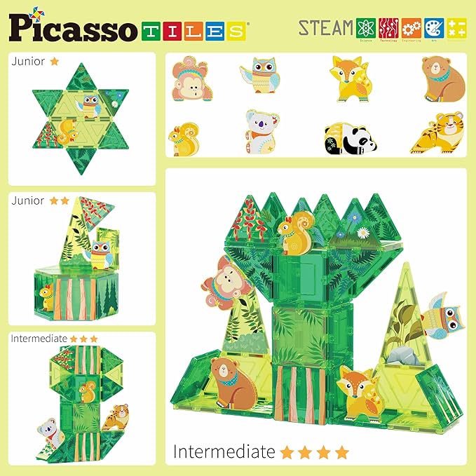 PicassoTiles Magnet Tile Building Blocks Forest Animal Theme Toy Set with 8 Character Action Figures Educational STEM Learning Construction Kit Pretend Play Magnetic Tiles Preschool Kids Ages 3+ PTQ16
