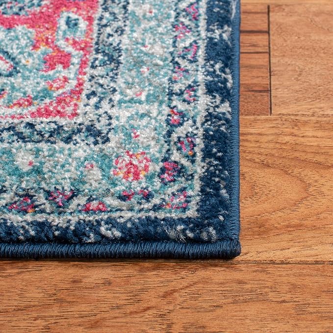 SAFAVIEH Evoke Collection 2'2" x 7' Navy / Fuchsia EVK250N Oriental Medallion Distressed Non-Shedding Living Room Entryway Foyer Hallway Bedroom Runner Rug