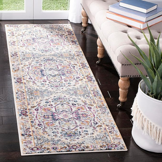 SAFAVIEH Evoke Collection 2'2" x 7' Ivory/Grey EVK275A Oriental Medallion Distressed Non-Shedding Living Room Entryway Foyer Hallway Bedroom Runner Rug