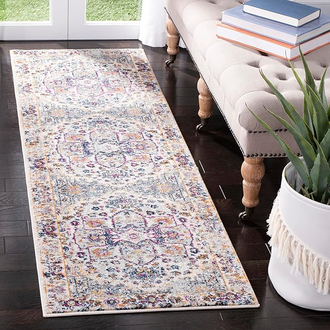 SAFAVIEH Evoke Collection 2'2" x 7' Ivory/Grey EVK275A Oriental Medallion Distressed Non-Shedding Living Room Entryway Foyer Hallway Bedroom Runner Rug