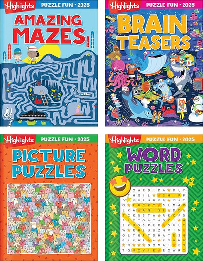 Highlights Puzzle Fun 2025 Puzzle Books for Kids Ages 6 and Up, 4-Book Set of Brain Teasers, Mazes, Word Puzzles and More Travel-Friendly Screen Free Kids Puzzles