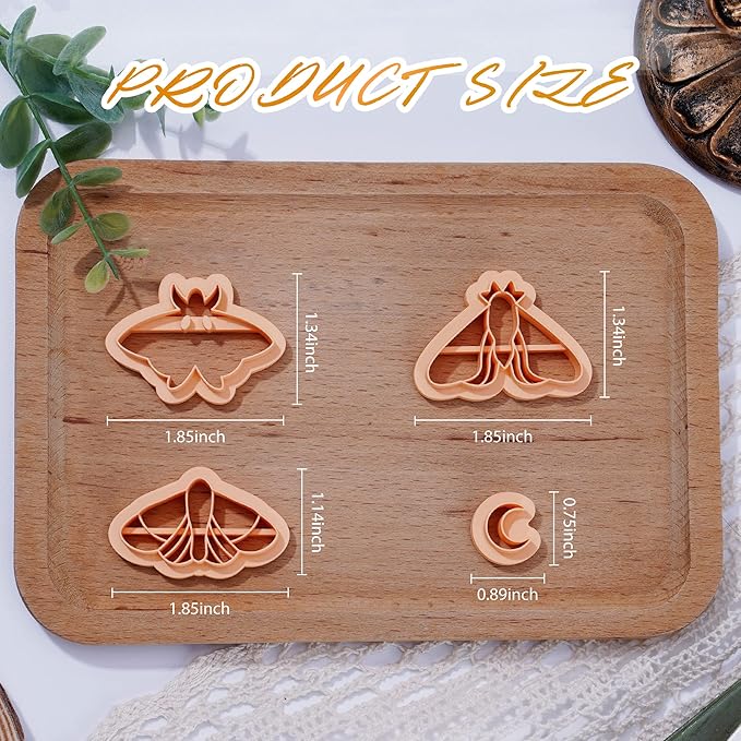Puocaon Celeste Moth Clay Cutters - 4 Shapes Polymer Clay Cutters for Earrings, Moth Moon Shape Clay Cutters for Polymer Clay Jewelry Making, Mystical Moth Clay Cutter Supplies Clay Earring Cutters