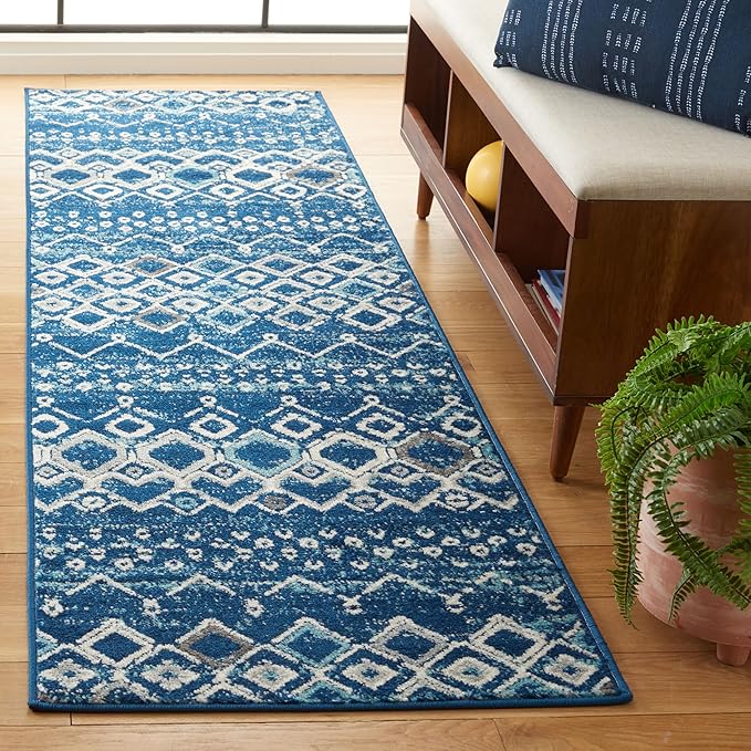 SAFAVIEH Amsterdam Collection Runner Rug - 2'3" x 6', Navy & Beige, Moroccan Boho Design, Non-Shedding & Easy Care, Ideal for High Traffic Areas in Living Room, Bedroom (AMS108N)