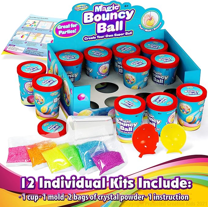 Creative Kids Make Your Own Bouncy Ball Kit - 12 Individual Packs - DIY Science Party Favors & Goody Bag Stuffers - Bulk Craft Bouncy Ball Making Kit - Ideal Valentines Gifts for Classroom