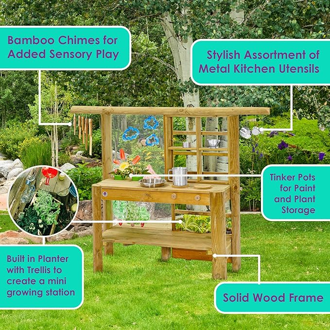 Plum Discovery Mud Pie Kitchen for Kids Outdoor Toys - Play Toy Kitchen with Accessories, Wooden Kids Kitchen Playset, with Built-in Gardening Planter and Painting Easel for Kids Age 3+