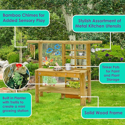 Plum Discovery Mud Pie Kitchen for Kids Outdoor Toys - Play Toy Kitchen with Accessories, Wooden Kids Kitchen Playset, with Built-in Gardening Planter and Painting Easel for Kids Age 3+
