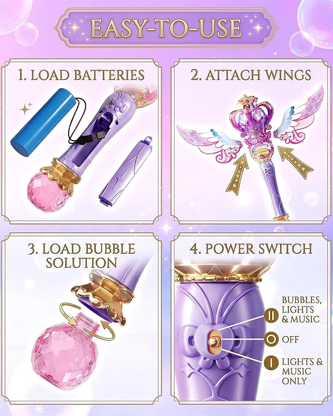 Uregoio Princess Bubble Wands Machine for Kids with Rotating Design, Outdoor Bubble Maker Toys for Kids Ages 4-8, Rechargeable Light & Music Fairy Wands, Party Birthday for 3+ Year Old Girls(Purple)