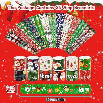 JUNEBRUSHS 50 Pack Christmas Party Favors Christmas Slap Bracelets Rubber Wristbands Assorted for Kids Slap Bands Silicone Snap Bracelets Bulk for Boys Girls Prizes Gifts Toys Stocking Stuffers