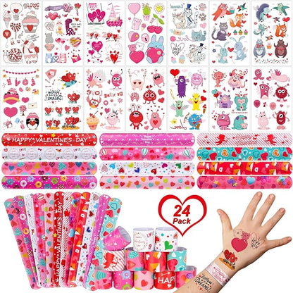 12 Valentines Slap Bracelets Wristbands, 12 Kids Temporary Tattoos Sheet, Heart Donut Monster Friendship,Valentine’s Day Party Favors Supplies, Valentines Gift Classroom Prizes Exchanging