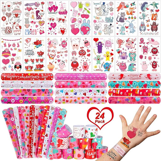 12 Valentines Slap Bracelets Wristbands, 12 Kids Temporary Tattoos Sheet, Heart Donut Monster Friendship,Valentine’s Day Party Favors Supplies, Valentines Gift Classroom Prizes Exchanging