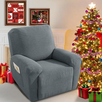 JIVINER Stretch Recliner Chair Covers 4 Piece Recliner Cover with Side Pocket Jacquard Reclining Sofa Slipcovers Soft Recliner Protector with Elastic Bottom (Recliner, Light Gray)