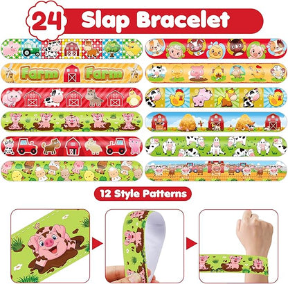48PCS Farm Animal Party Favors - 24PCS Tattoos & 24PCS Slap Bracelets - Barnyard Birthday Supplies, Cow & Tractor Decorations, Gifts for Girls & Boys