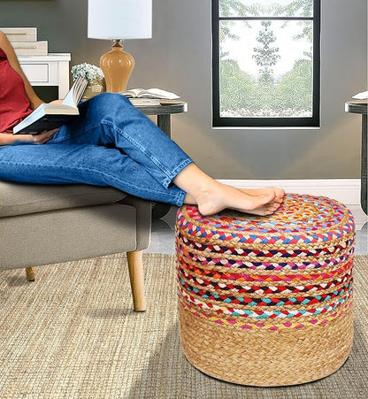 COTTON CRAFT Jute Chindi Pouf – Cylindrical Jute Cotton Braided Ottoman - Moroccan Boho Kilim Foot Stool - Bedroom Family Room Accent Seating – Footrest - Rustic Decor Round Pouf – 15 diax16 H- Multi