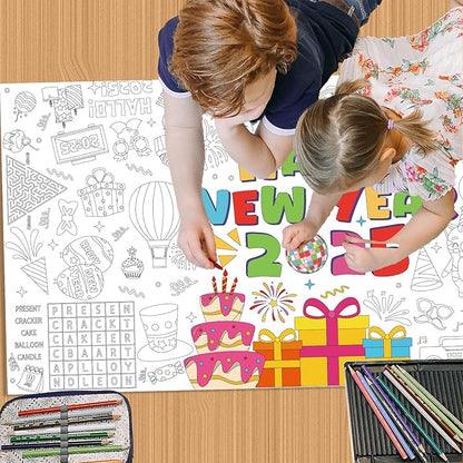 YQUQWN Giant Happy New Year 2025 Coloring Poster - 35.5×72 Inch Disco Ball Poster Tablecloth - Happy New Years Eve Crafts Party Favors - 2025 New Year Kids Activities Party Decoration Supplies