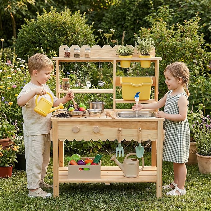 Wooden Mud Kitchen for Kids Outdoor - Play Kitchen with Real Running Water Sink & Removable Sink, 10-Piece Accessory Set with Stainless Steel Cookware & Planter Pots, Montessori Toy Gift for Ages 3+
