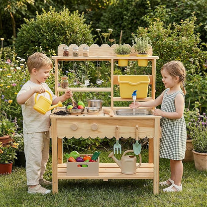 Wooden Mud Kitchen for Kids Outdoor - Play Kitchen with Real Running Water Sink & Removable Sink, 10-Piece Accessory Set with Stainless Steel Cookware & Planter Pots, Montessori Toy Gift for Ages 3+