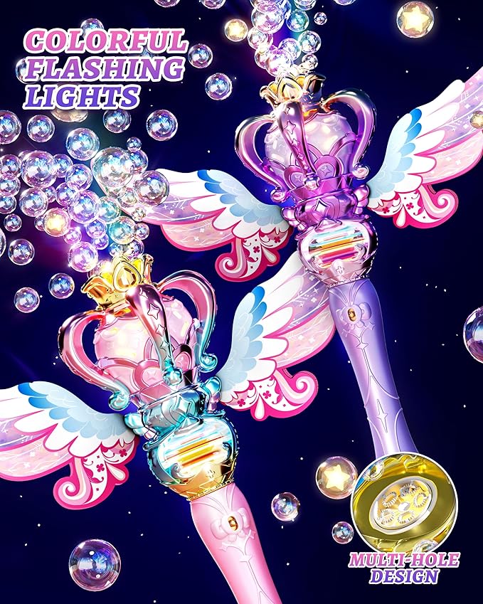 Uregoio 2 Pack Princess Bubble Wands Machine for Girls with Rotating Design, Outdoor Bubble Maker Toys for Kids Ages 4-8, Rechargeable Light & Music Fairy Wands for Party Birthday(Pink & Purple)