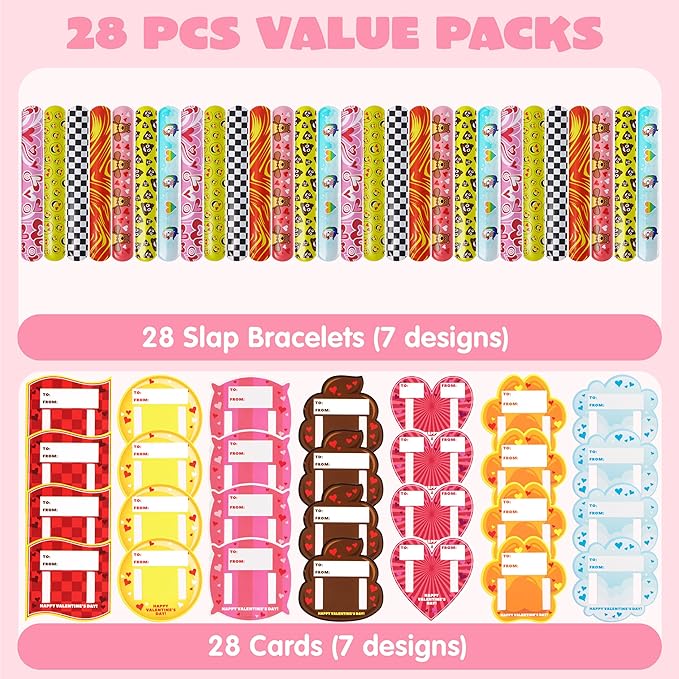 JOYIN 28 Packs Valentine's Day Slap Bracelet Set with Valentine Gift Cards for Classroom Exchange Prizes, Valentine Party Favors, Valentine’s Greeting Cards