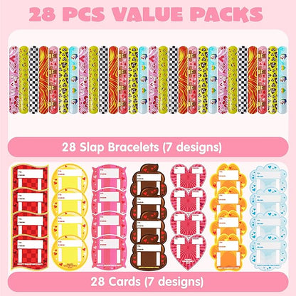 JOYIN 28 Packs Valentine's Day Slap Bracelet Set with Valentine Gift Cards for Classroom Exchange Prizes, Valentine Party Favors, Valentine’s Greeting Cards