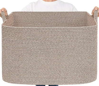Goodpick 105L Large Woven Storage Basket, Rectangle Cotton Rope Basket for Blankets, Clothes, Oversized Toy Storage Organizer for Living Room, Nursery, 25"x16"x16", Brown