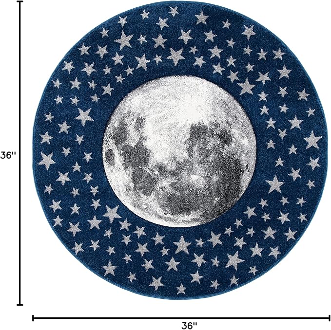 SAFAVIEH Carousel Kids Collection 3' Round Navy/Grey CRK135N Moon & Stars Non-Shedding Playroom Nursery Bedroom Area Rug