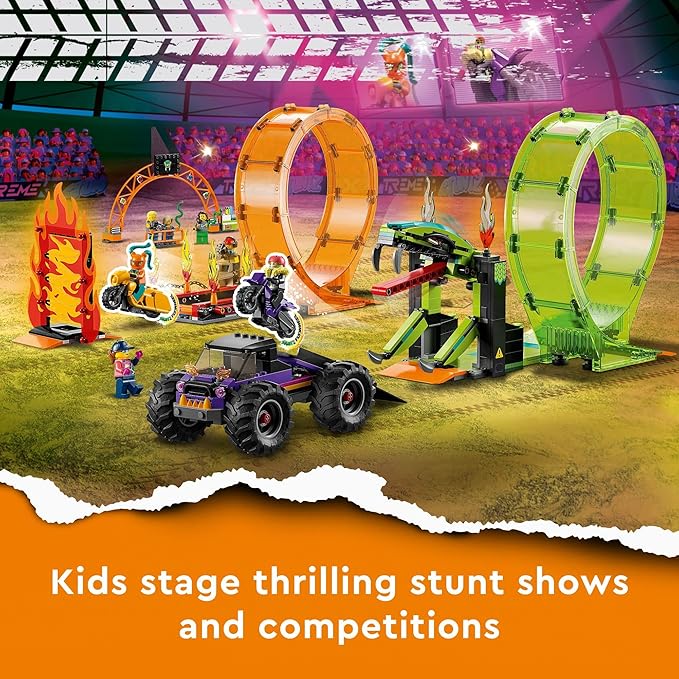 LEGO City Stuntz Double Loop Stunt Arena 60339, Monster Truck Playset with 2 Toy Motorcycles, Ramp, Wall of Flames, Ring of Fire, Snapping Snake Loop and 7 Minifigures, for Kids Ages 7 Plus