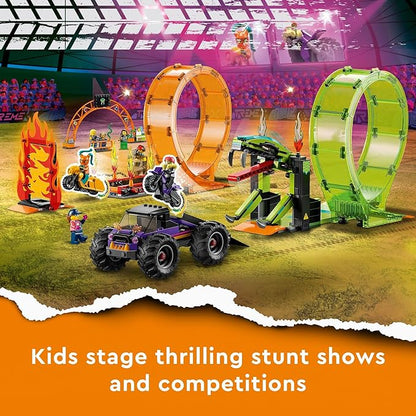 LEGO City Stuntz Double Loop Stunt Arena 60339, Monster Truck Playset with 2 Toy Motorcycles, Ramp, Wall of Flames, Ring of Fire, Snapping Snake Loop and 7 Minifigures, for Kids Ages 7 Plus