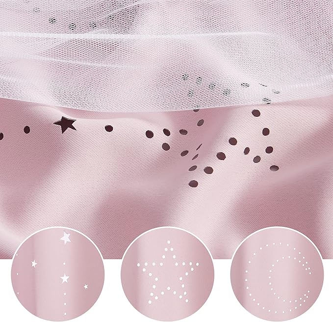 NICETOWN Moon and Stars Cutout Blackout Curtains with White Sheer Voile for Bedroom/Christmas, Grommets Noise Reducing Window Treatment Draped for Grils Room, 1 Pair, 52" Wide x 63" Long, Baby Pink