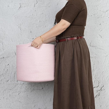 XUANGUO Cotton Rope Basket For Girls Kids 16”X14” Baby Laundry Baskets Nursery Bin Round Woven Basket Organizer For Storage Toys Blankets Shoes Clothes pink