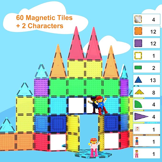 PicassoTiles 63 Pcs Magnetic Building Block Tiles with 2 Character Figures Construction Stacking STEM 3D Toy Set Creative Educational Learning Kit Magnet Montessori Playset for Kids & Toddlers Ages 3+