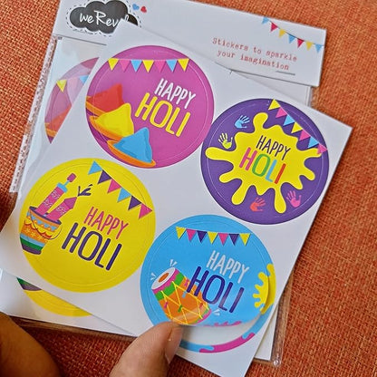Happy Holi Stickers, 40 Pieces, 2 inches, Round, 4 Unique Designs