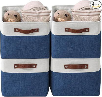 DECOMOMO Storage Baskets for Shelves - Fabric Storage Bins, Linen Closet Organizers and Storage (Navy Blue & White, Large - 4 Pack)