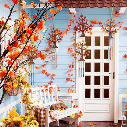 Fennoral 10 Pack Fall Wind Chime Kit for Kids Make You Own Fall Tree Wind Chime Wooden Arts and Crafts for Girls Boys DIY Coloring Fall Craft Activity Autumn Party Deocration