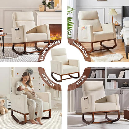 Yaheetech Rocking Chair, Modern Glider Chair, Recliner Armchair with Wood Legs and Side Pocket, Nursery Rocking Accent Chair with High Back for Living Room Bedroom, Beige