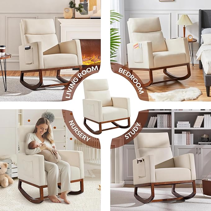 Yaheetech Rocking Chair, Modern Glider Chair, Recliner Armchair with Wood Legs and Side Pocket, Nursery Rocking Accent Chair with High Back for Living Room Bedroom, Beige