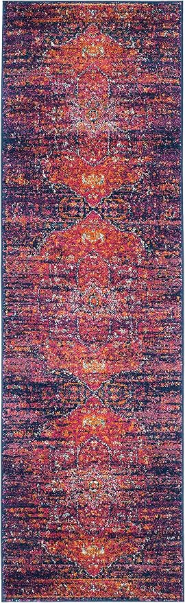 SAFAVIEH Evoke Collection 2'2" x 9' Blue / Fuchsia EVK275F Oriental Medallion Distressed Non-Shedding Living Room Entryway Foyer Hallway Bedroom Runner Rug