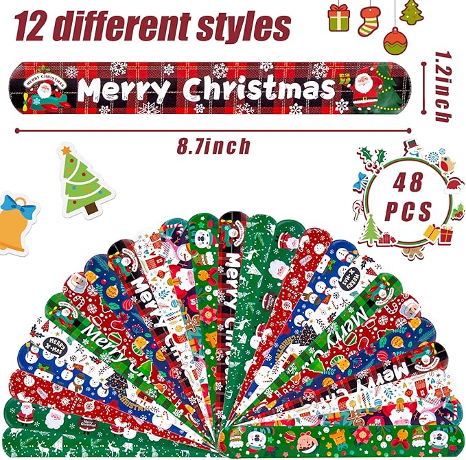 MCPINKY Christmas Slap Bracelets, 48PCS Slap Wristbands Bulk 12 Different Christmas Styles Snap Wristbands for Boys Girls Christmas Party Favors