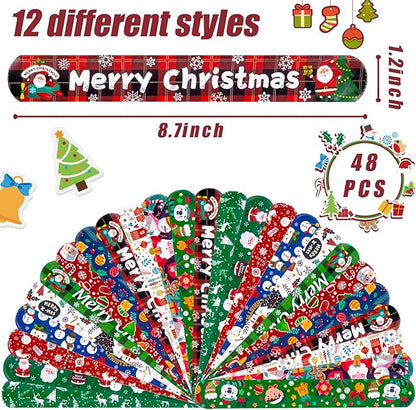MCPINKY Christmas Slap Bracelets, 48PCS Slap Wristbands Bulk 12 Different Christmas Styles Snap Wristbands for Boys Girls Christmas Party Favors