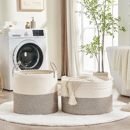 KAKAMAY Large Blanket Basket (20"x13"),Woven Baskets for storage Baby Laundry Hamper, Cotton Rope Blanket Basket for Living Room, Laundry, Nursery, Pillows, Baby Toy chest (White/Beige)