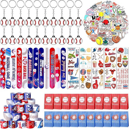 Jenaai 130 Pcs Baseball Party Favors Includes Baseballs Slap Bracelets Party Gift Bags Silicone Keychain Baseball Tattoo Baseball Stickers for Baseball Themed Sports Party Favors for Kids Students