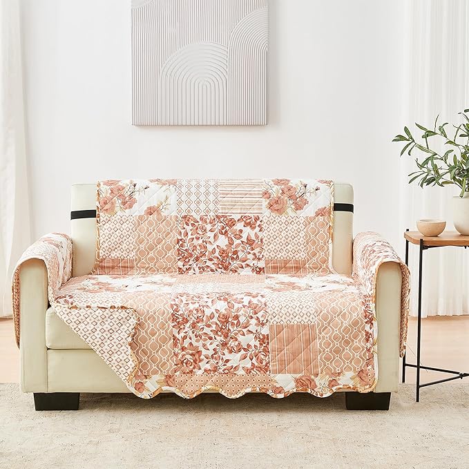 Great Bay Home Reversible Patchwork Loveseat Cover - Washable Slipcover Furniture Protector with Elastic Straps - Couch Cover for Dogs, Kids, and Pets - Box-Stitched Detail (Loveseat, Dusty Rose)