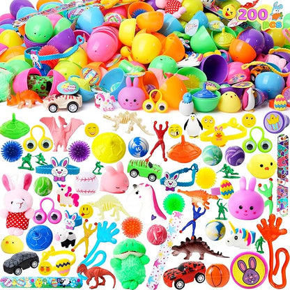 JOYIN 200Pcs Prefilled Easter Eggs with Assorted Toys Plus Stickers Inside, Easter Eggs Filled for Kids, Basket Stuffers, Egg Hunt, Party Favors, Classroom Prize Supplies