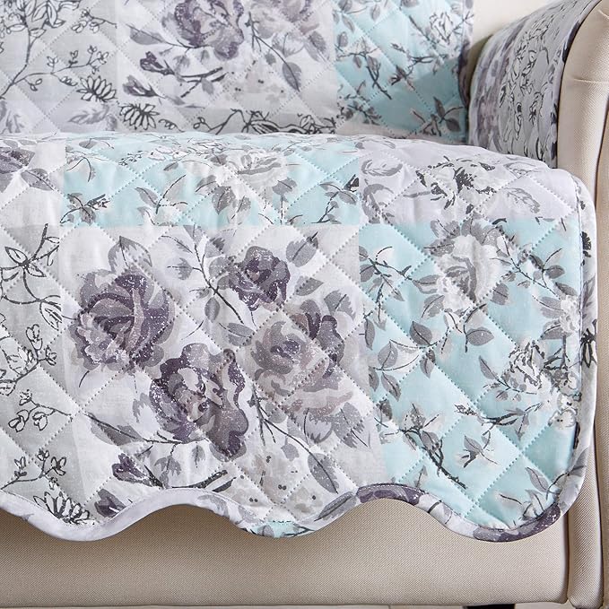 Reversible Floral Patchwork Furniture Protector Scalloped Edge Stain Resistant Printed Furniture Protector Maribel Collection (Loveseat, Gray/Aqua)