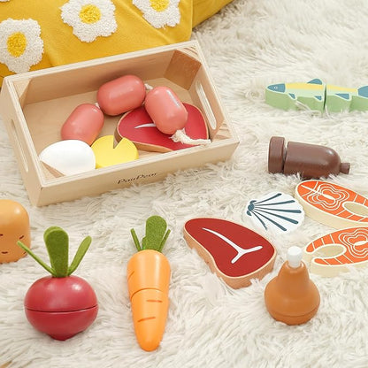 PairPear Wooden Toys Play Food Sets for Kids Kitchen, Kids Toy Food Cutting Meat Set for Toddlers 3+ Years Old, Pretend Food Play Kitchen Accessories for Girls and Boys